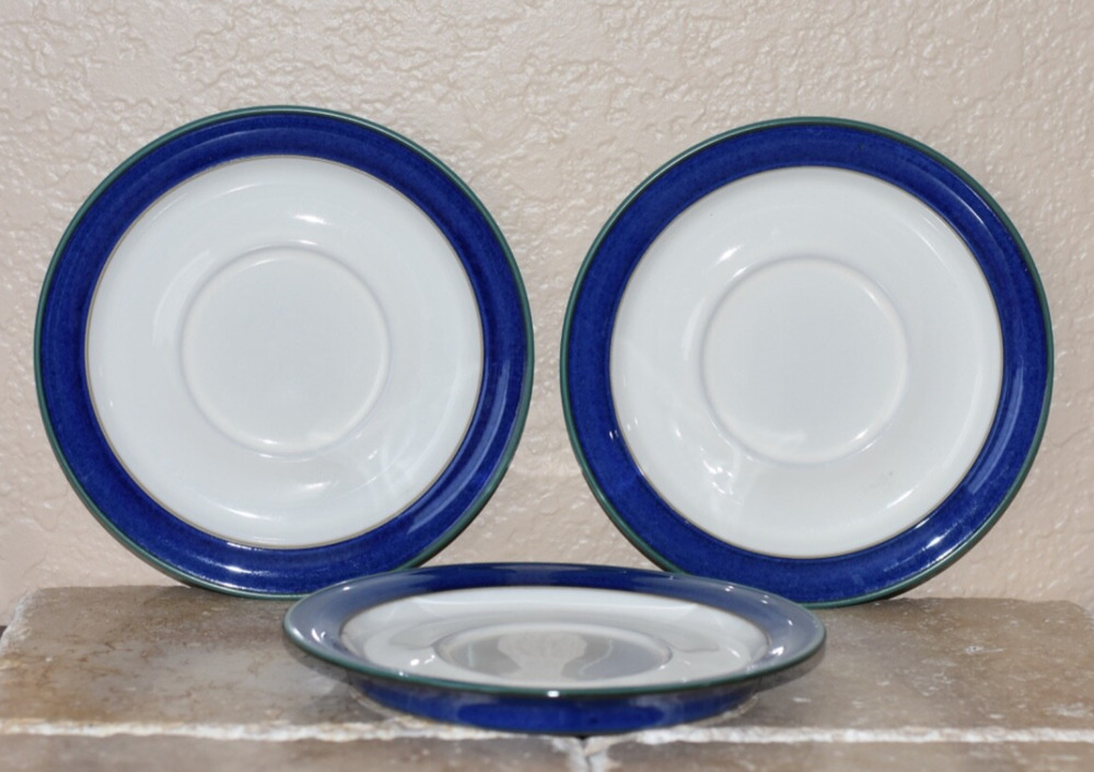 3 - DENBY METZ BLUE Rimmed Breakfast Coffee Cup Saucer PLATES 7" Discontinued